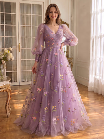A Line Long Prom Dresses Tulle Purple Floral Embroidered Ruched V Neck with Sleeves