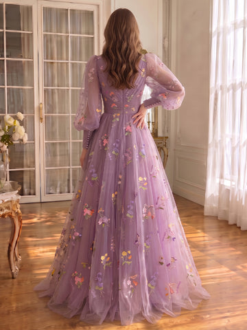 A Line Long Prom Dresses Tulle Purple Floral Embroidered Ruched V Neck with Sleeves