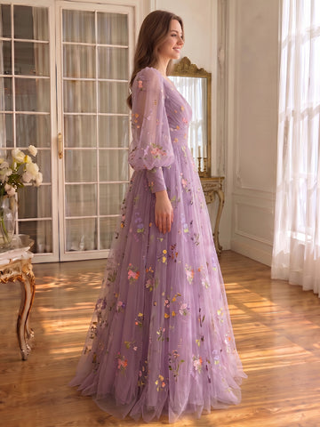 A Line Long Prom Dresses Tulle Purple Floral Embroidered Ruched V Neck with Sleeves