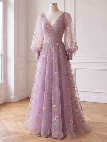 A Line Long Prom Dresses Tulle Purple Floral Embroidered Ruched V Neck with Sleeves