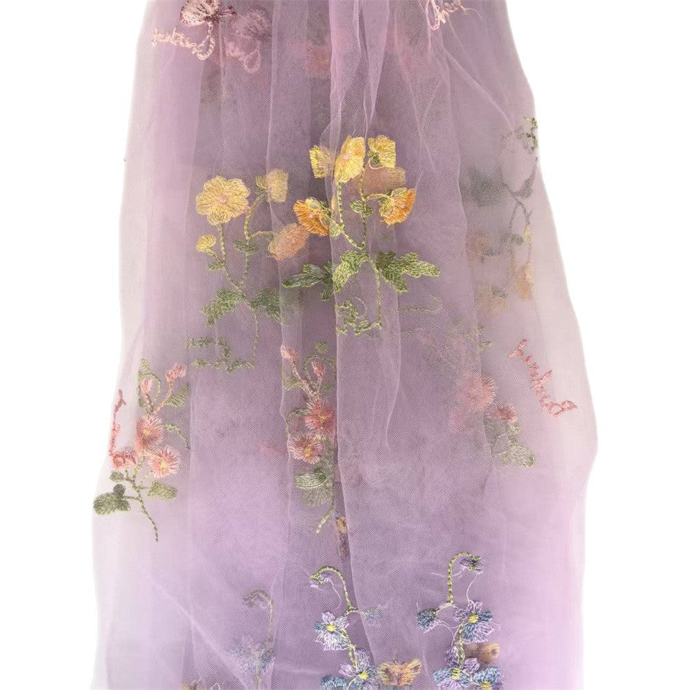 A Line Long Prom Dresses Tulle Purple Floral Embroidered Ruched V Neck with Sleeves