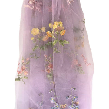A Line Long Prom Dresses Tulle Purple Floral Embroidered Ruched V Neck with Sleeves