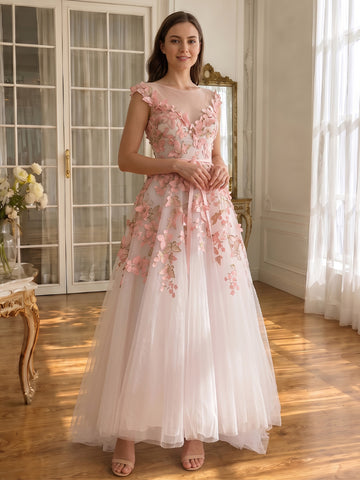 Butterfly Embroidered Long Tulle Prom Dresses Pink Sheer Round Neck A Line