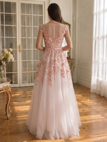 Butterfly Embroidered Long Tulle Prom Dresses Pink Sheer Round Neck A Line
