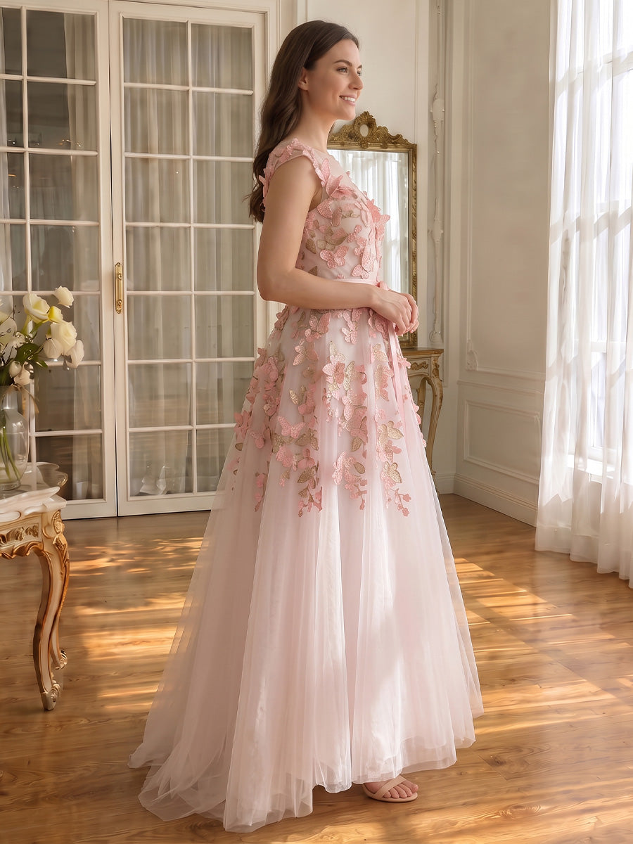 Butterfly Embroidered Long Tulle Prom Dresses Pink Sheer Round Neck A Line