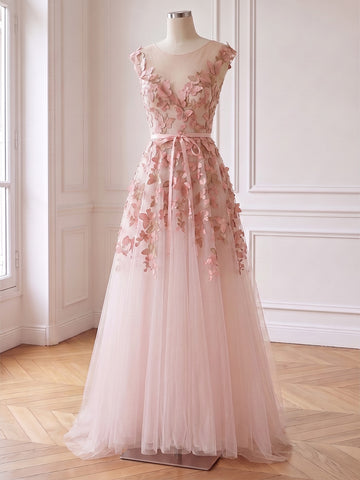 Butterfly Embroidered Long Tulle Prom Dresses Pink Sheer Round Neck A Line