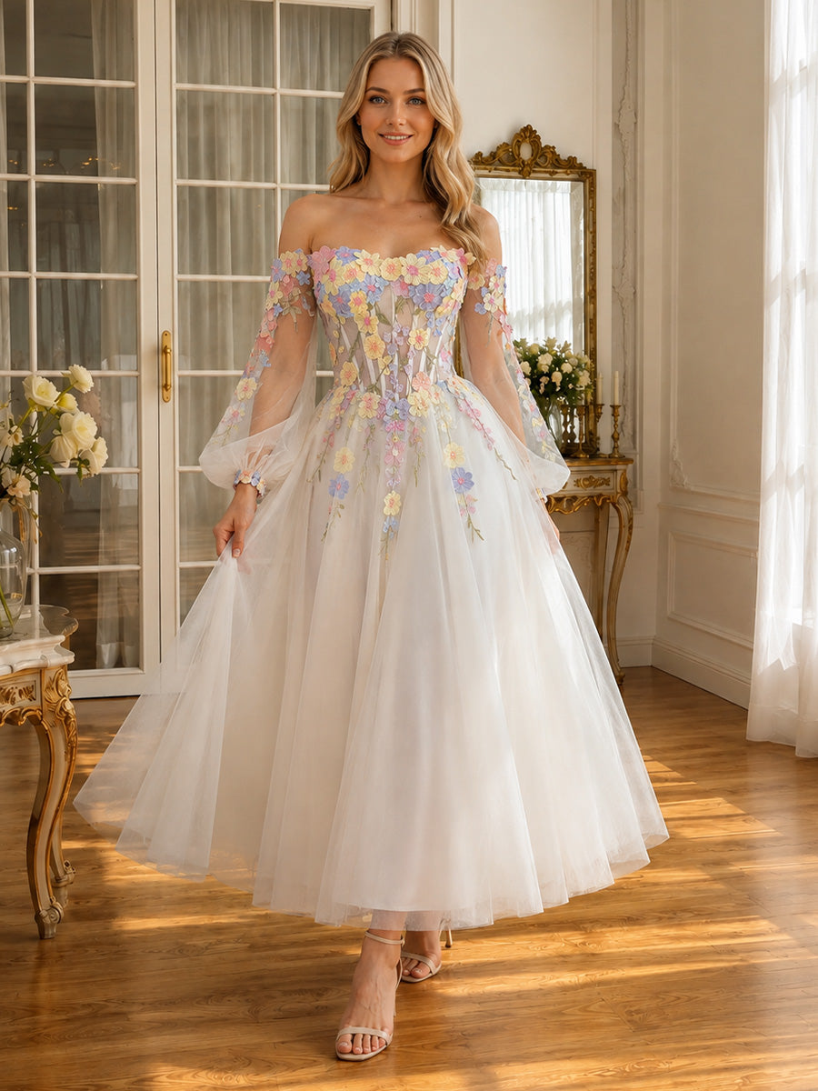 3D Floral Applique Midi Prom Dresses White Tulle Off Shoulder Long Sleeves