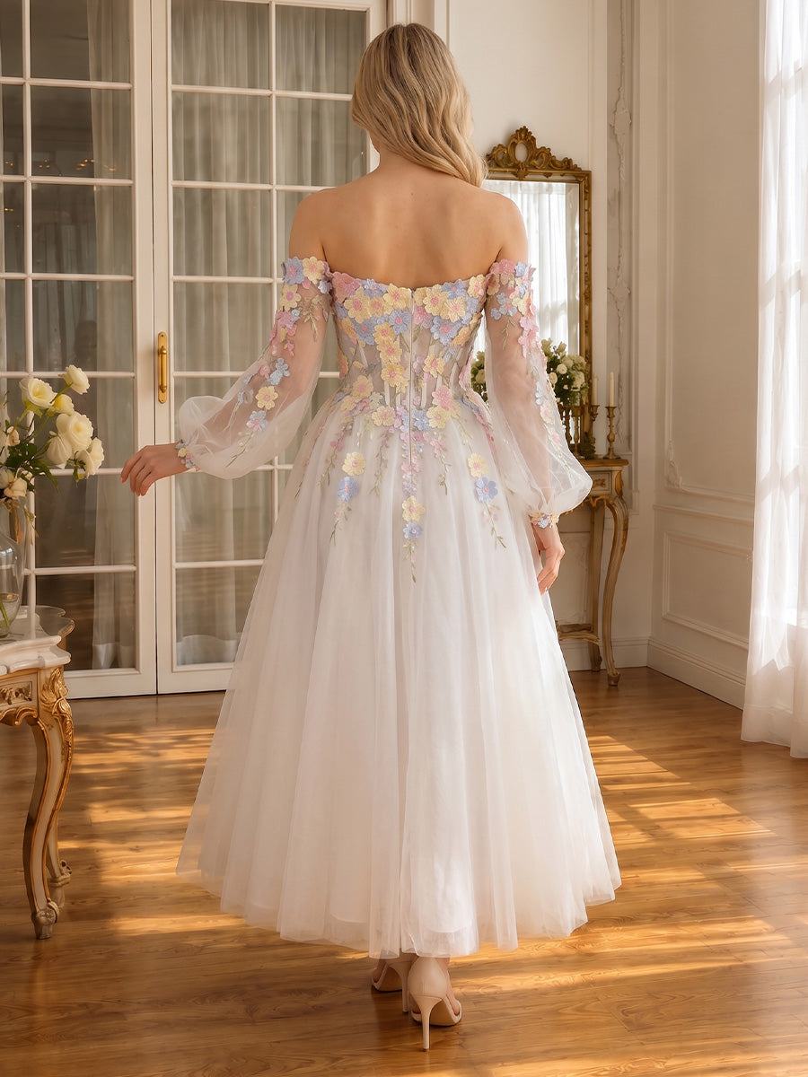 3D Floral Applique Midi Prom Dresses White Tulle Off Shoulder Long Sleeves