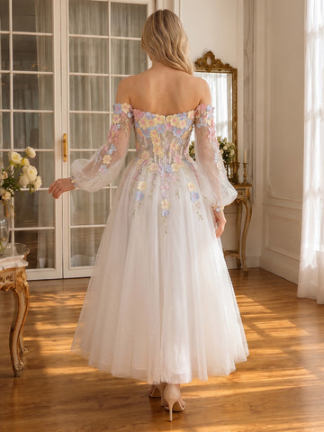 3D Floral Applique Midi Prom Dresses White Tulle Off Shoulder Long Sleeves