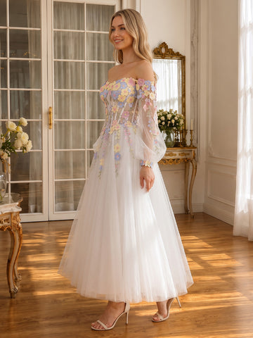 3D Floral Applique Midi Prom Dresses White Tulle Off Shoulder Long Sleeves