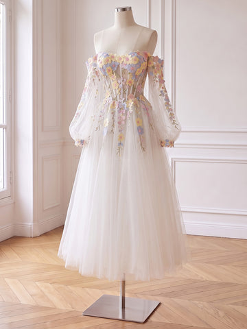 3D Floral Applique Midi Prom Dresses White Tulle Off Shoulder Long Sleeves