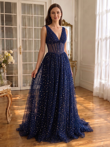 Star Glitter Tulle Long Prom Dresses Navy Blue Corset V Neck