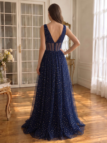Star Glitter Tulle Long Prom Dresses Navy Blue Corset V Neck