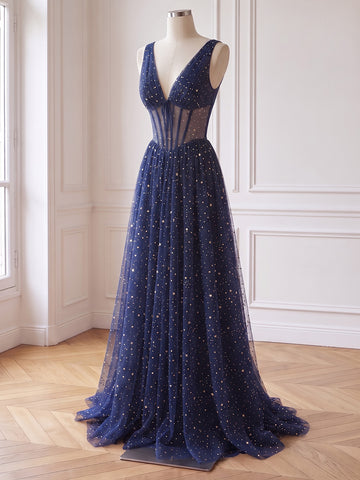 Star Glitter Tulle Long Prom Dresses Navy Blue Corset V Neck