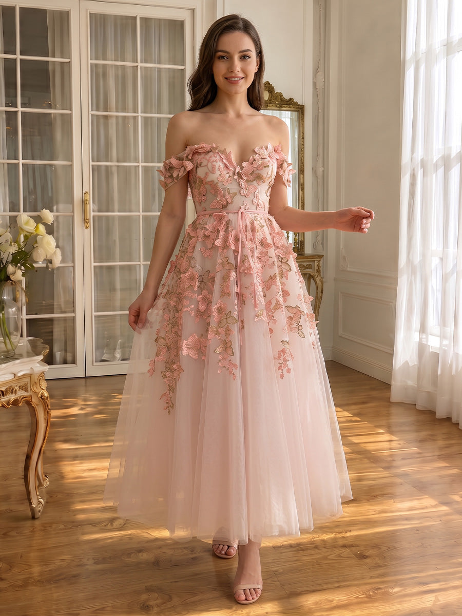 Butterfly Embroidered Long Tulle Prom Dresses Pink Off Shoulder A Line