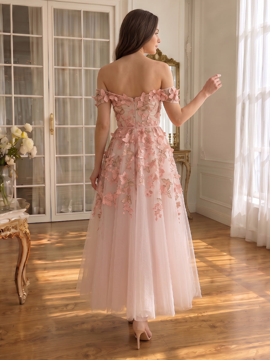 Butterfly Embroidered Long Tulle Prom Dresses Pink Off Shoulder A Line
