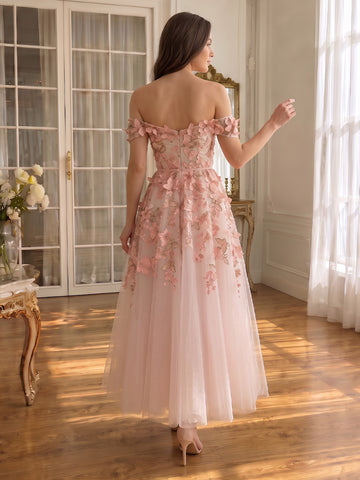 Butterfly Embroidered Long Tulle Prom Dresses Pink Off Shoulder A Line