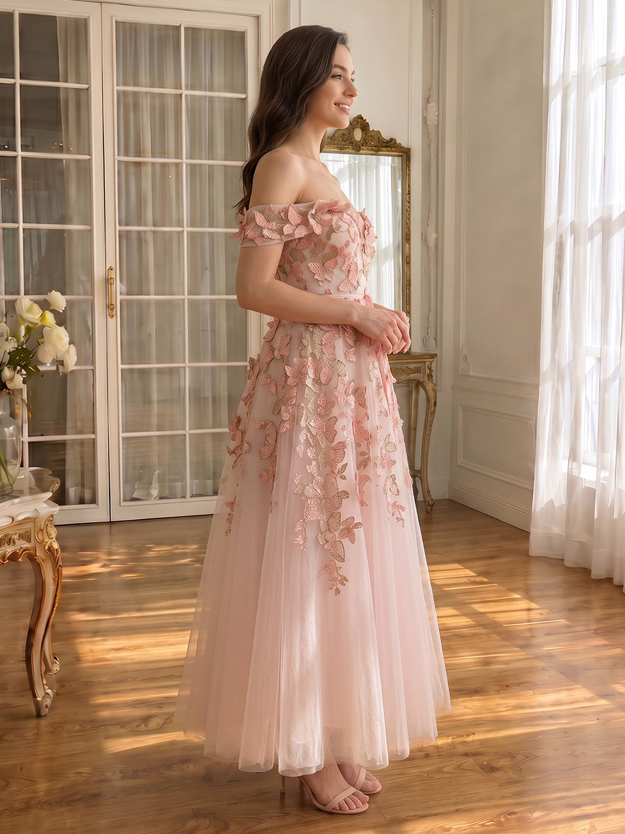 Butterfly Embroidered Long Tulle Prom Dresses Pink Off Shoulder A Line