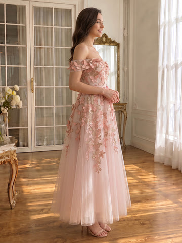 Butterfly Embroidered Long Tulle Prom Dresses Pink Off Shoulder A Line