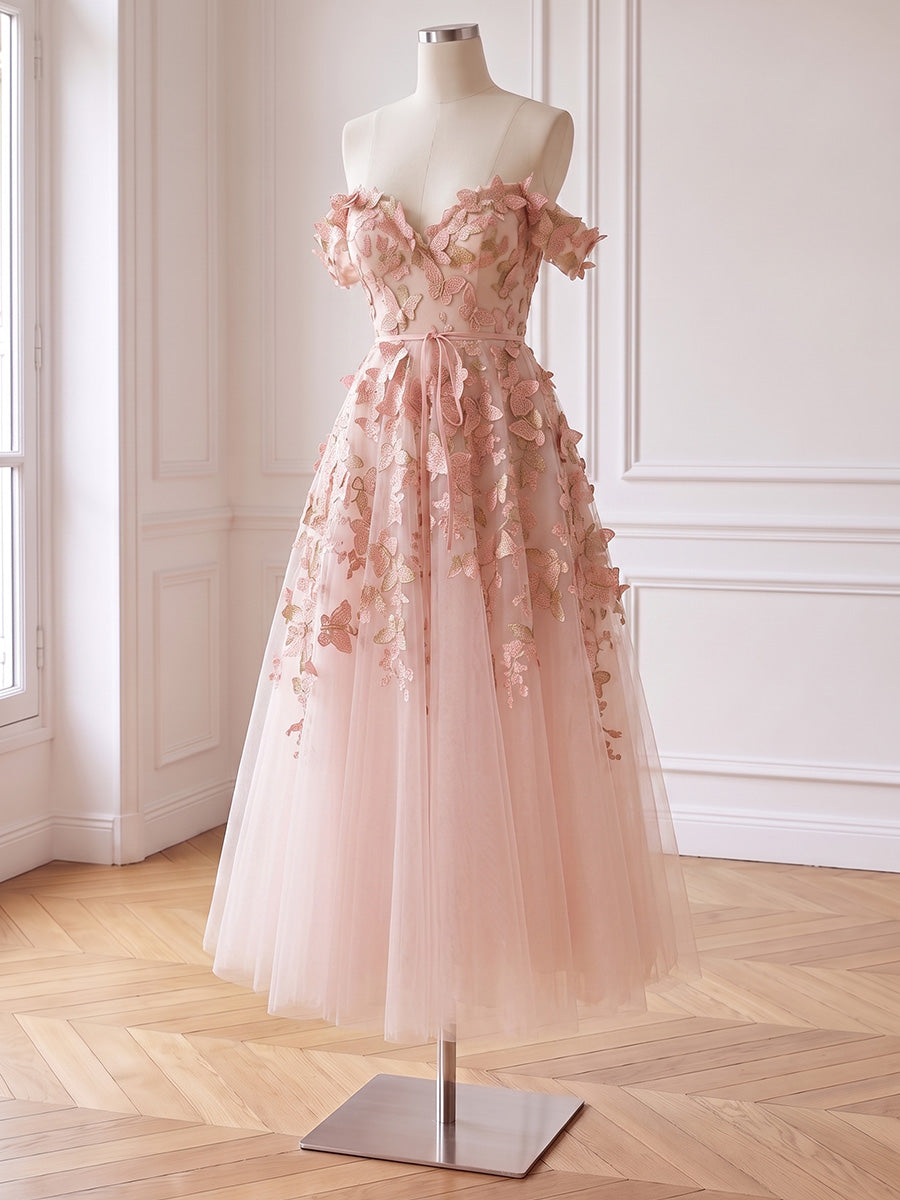 Butterfly Embroidered Long Tulle Prom Dresses Pink Off Shoulder A Line