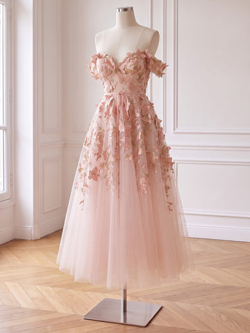 Butterfly Embroidered Long Tulle Prom Dresses Pink Off Shoulder A Line