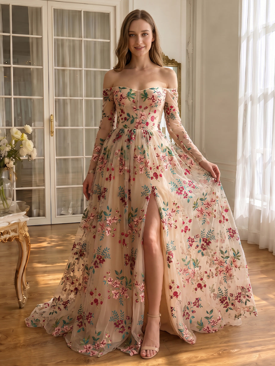 Off Shoulder Prom Dresses Long Sleeve Floral Embroidery High Slit Tulle