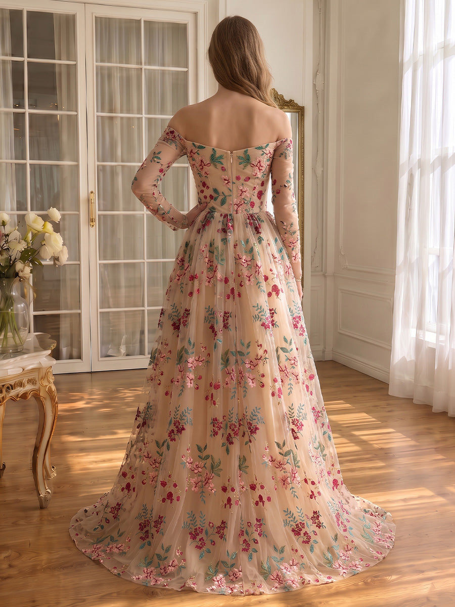Off Shoulder Prom Dresses Long Sleeve Floral Embroidery High Slit Tulle