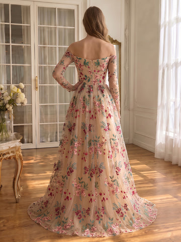 Off Shoulder Prom Dresses Long Sleeve Floral Embroidery High Slit Tulle