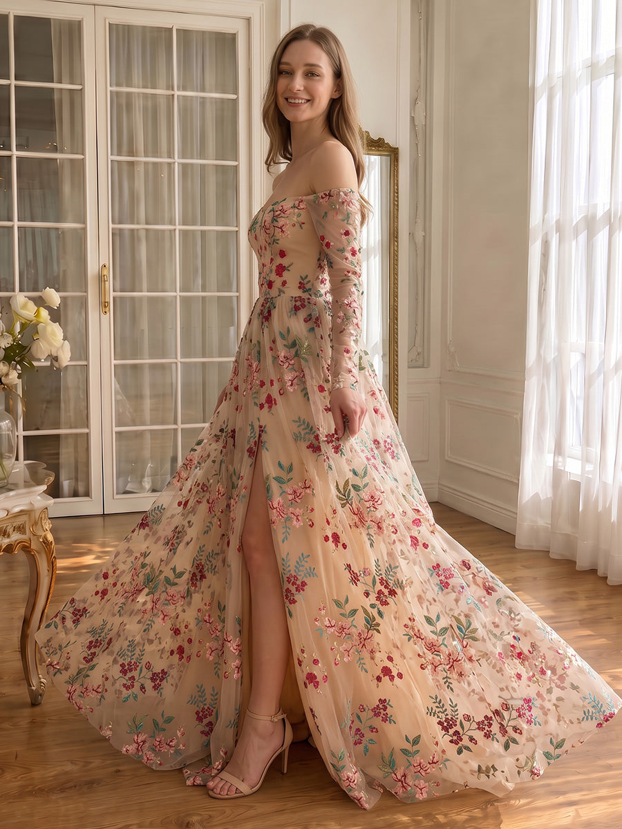 Off Shoulder Prom Dresses Long Sleeve Floral Embroidery High Slit Tulle