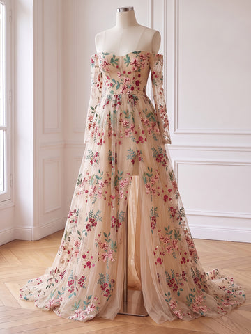 Off Shoulder Prom Dresses Long Sleeve Floral Embroidery High Slit Tulle
