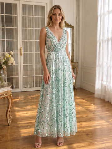 V Neck Green Sequin Tulle Prom Dresses With Sash Tie Waist Floor Length Sleeveless