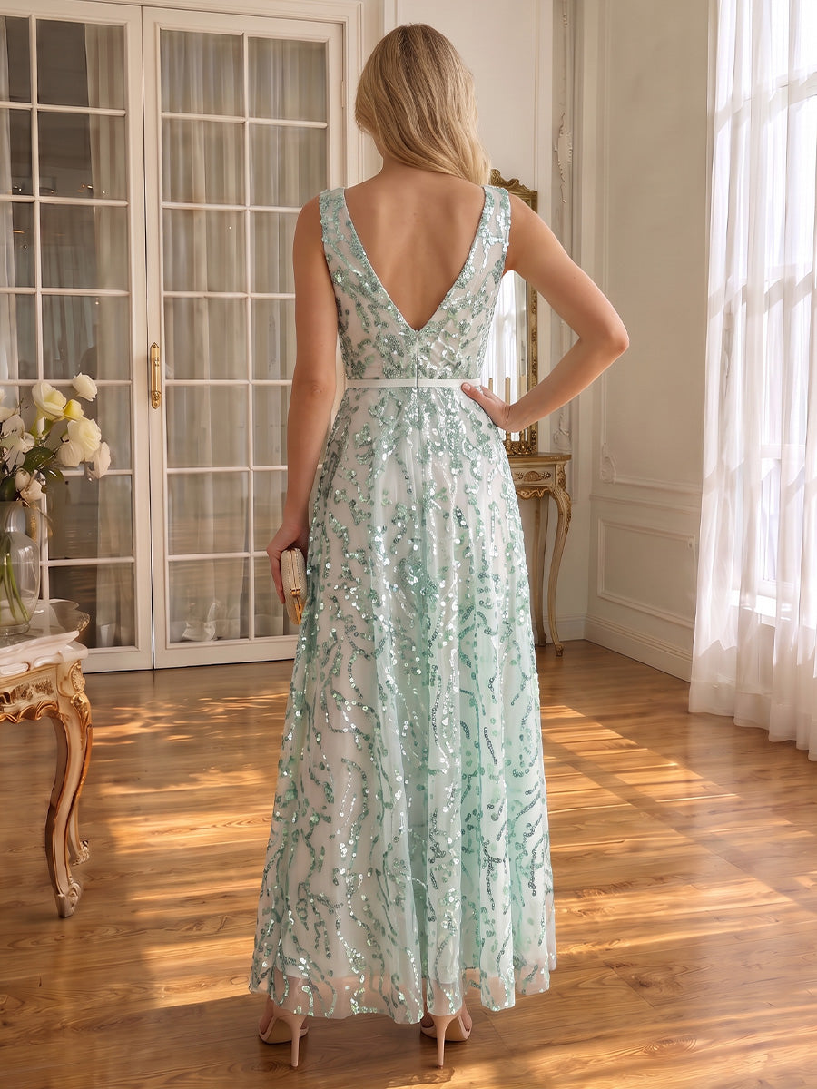 V Neck Green Sequin Tulle Prom Dresses With Sash Tie Waist Floor Length Sleeveless