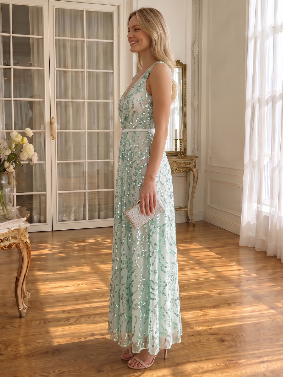 V Neck Green Sequin Tulle Prom Dresses With Sash Tie Waist Floor Length Sleeveless
