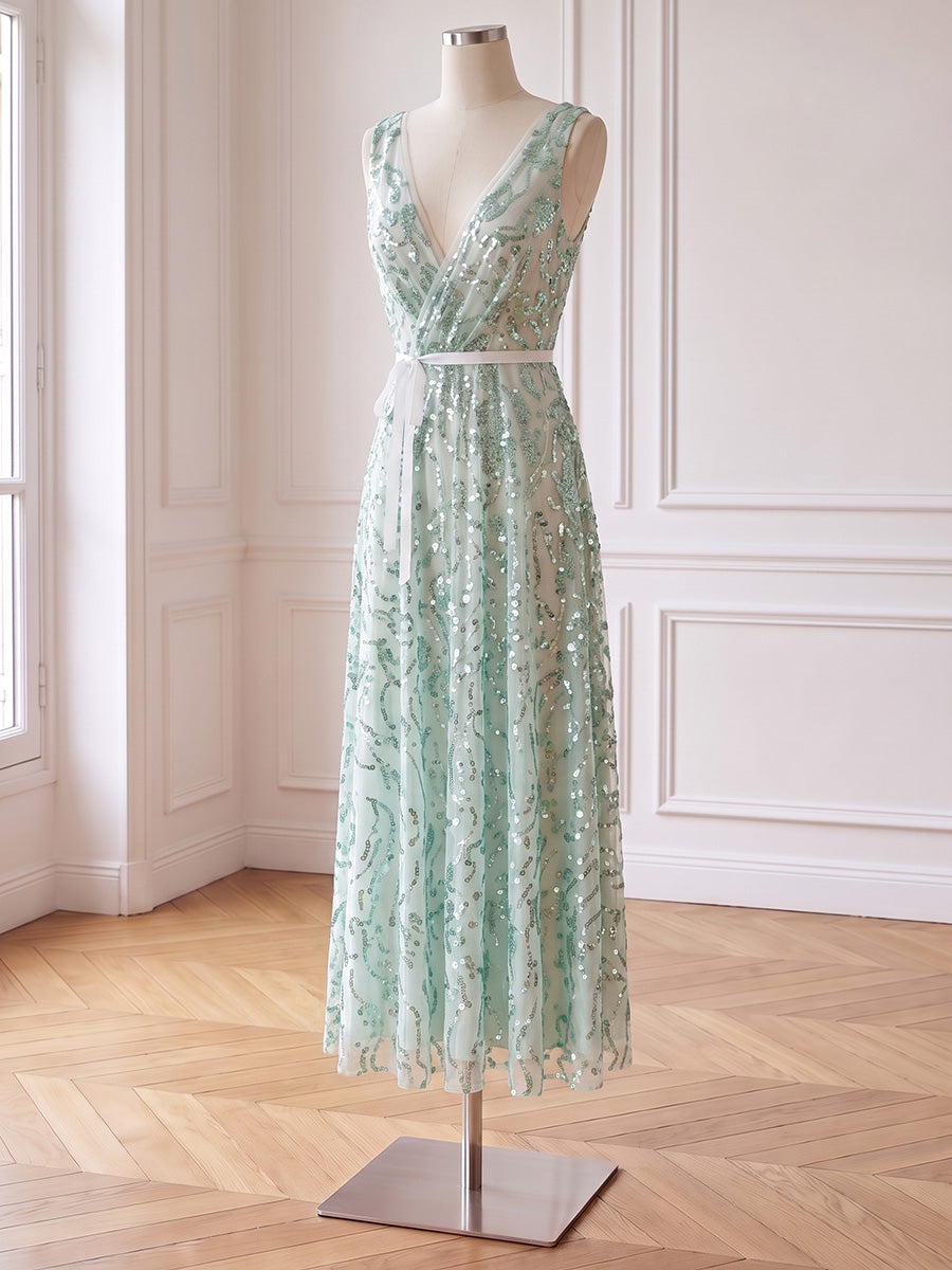 V Neck Green Sequin Tulle Prom Dresses With Sash Tie Waist Floor Length Sleeveless