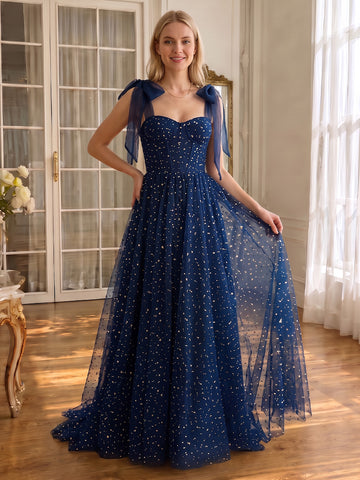 Star Glitter Tulle Long Prom Dresses Navy Blue Corset Bow Straps