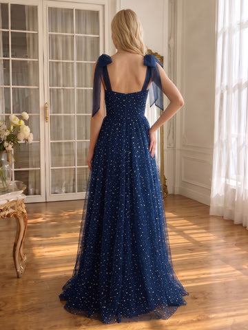 Star Glitter Tulle Long Prom Dresses Navy Blue Corset Bow Straps