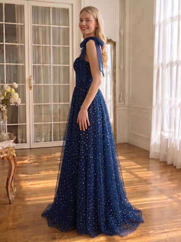 Star Glitter Tulle Long Prom Dresses Navy Blue Corset Bow Straps