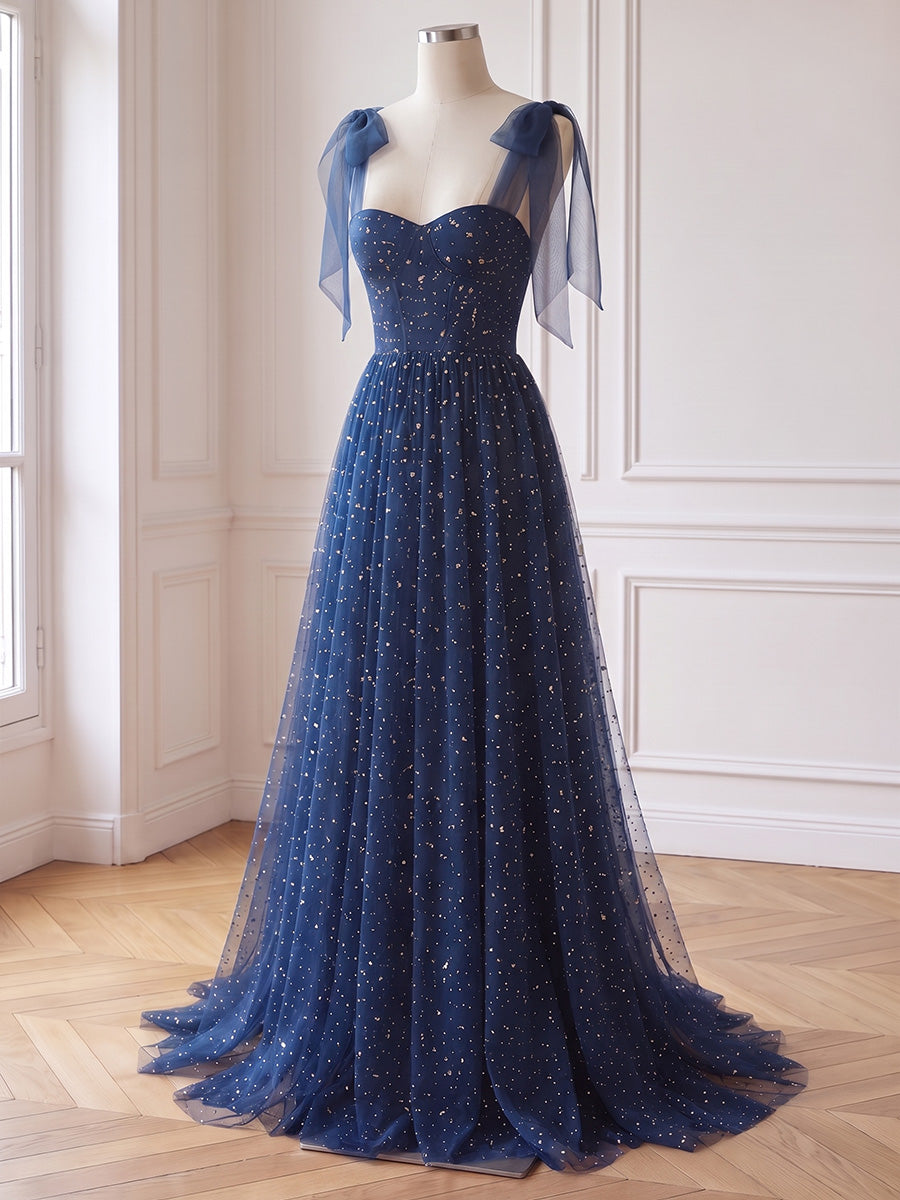 Star Glitter Tulle Long Prom Dresses Navy Blue Corset Bow Straps