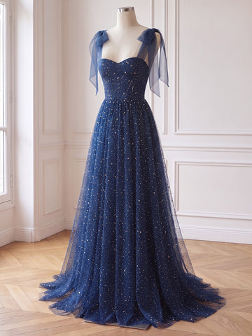 Star Glitter Tulle Long Prom Dresses Navy Blue Corset Bow Straps