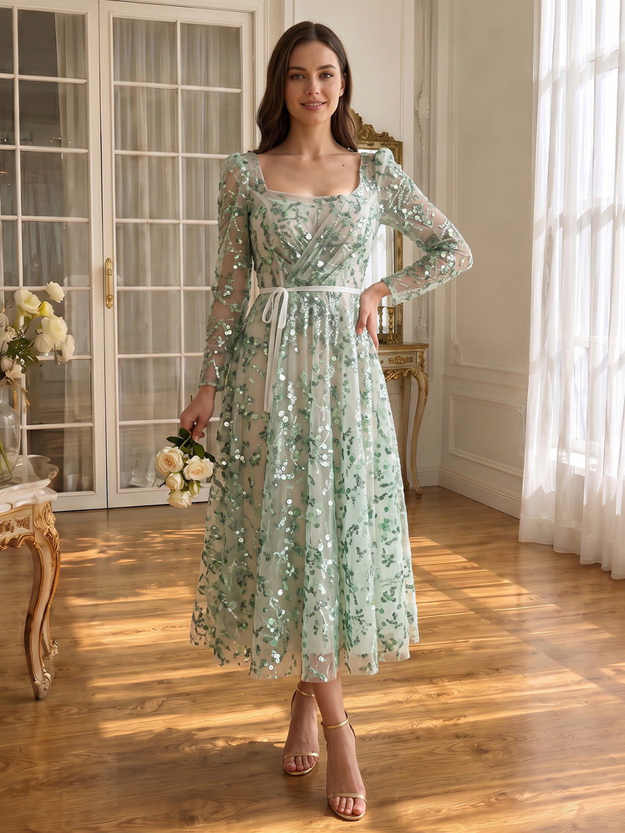 Green Sequin Tulle Prom Dresses Square Neck Floor Length Long Sleeves