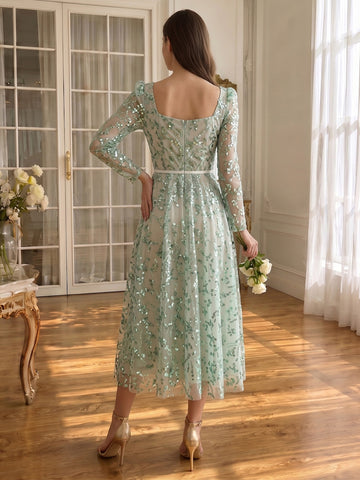 Green Sequin Tulle Prom Dresses Square Neck Floor Length Long Sleeves