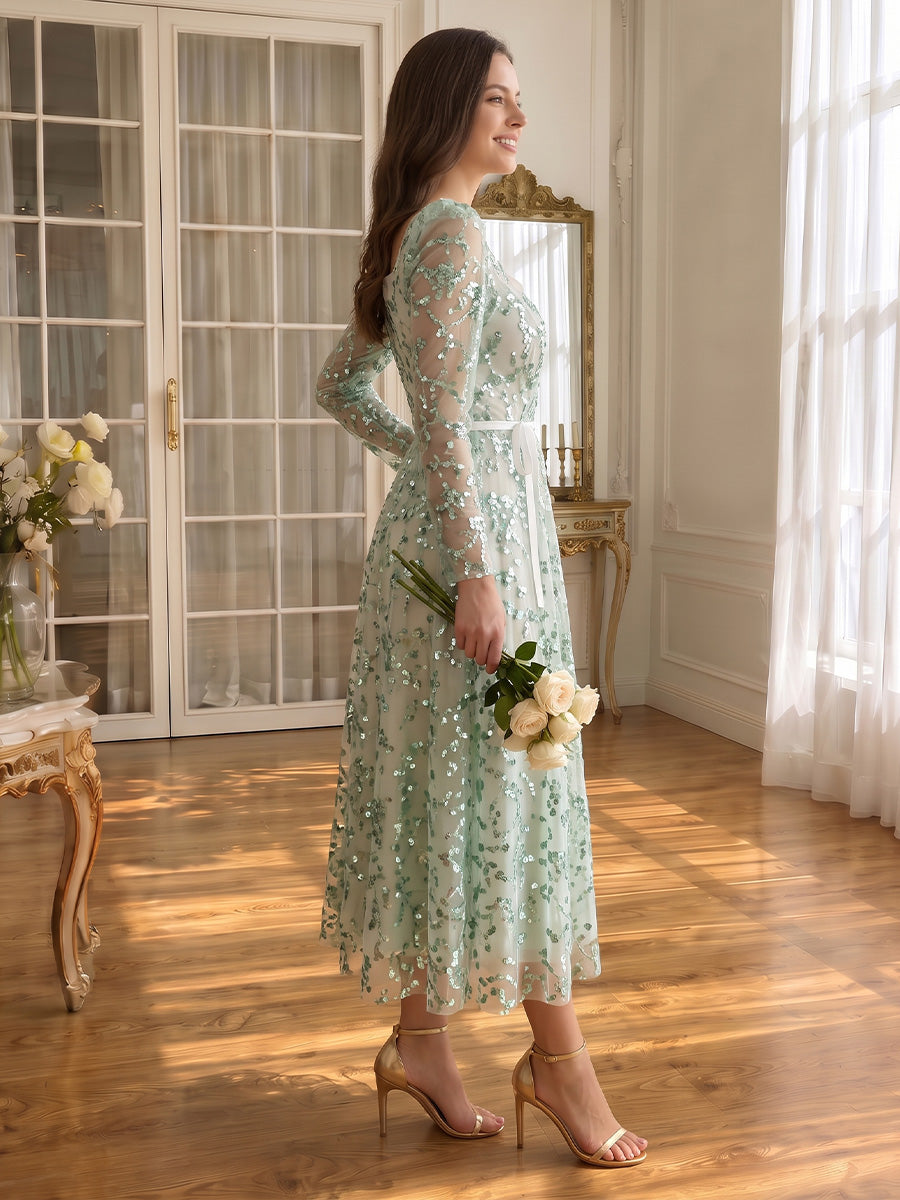 Green Sequin Tulle Prom Dresses Square Neck Floor Length Long Sleeves