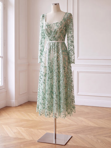 Green Sequin Tulle Prom Dresses Square Neck Floor Length Long Sleeves