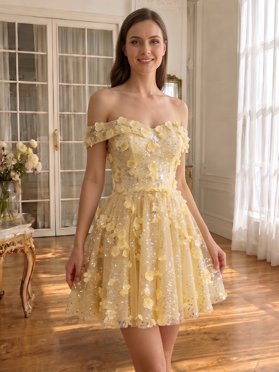 3D Floral Sequin Tulle Mini Prom Dresses Off Shoulder Yellow
