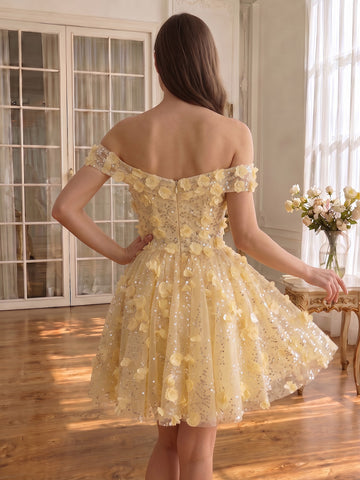 3D Floral Sequin Tulle Mini Prom Dresses Off Shoulder Yellow