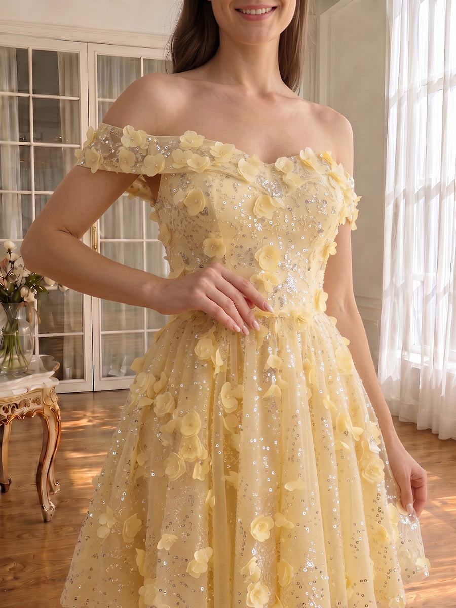 3D Floral Sequin Tulle Mini Prom Dresses Off Shoulder Yellow