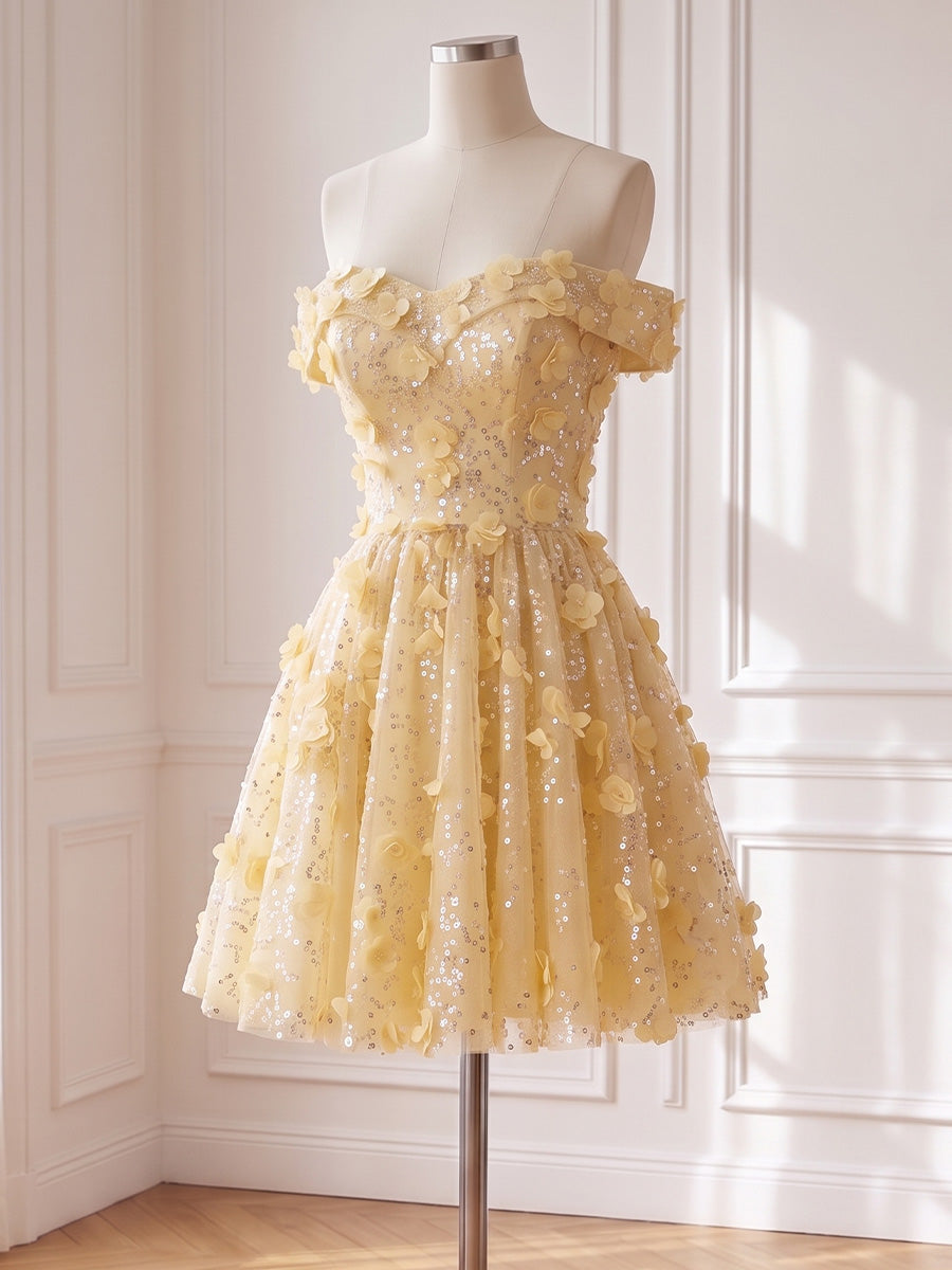 3D Floral Sequin Tulle Mini Prom Dresses Off Shoulder Yellow