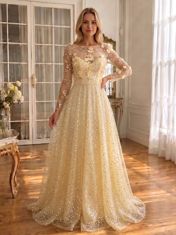 3D Floral Sequin Tulle Prom Dresses Yellow Round Neck Sheer Long Sleeve Floor Length
