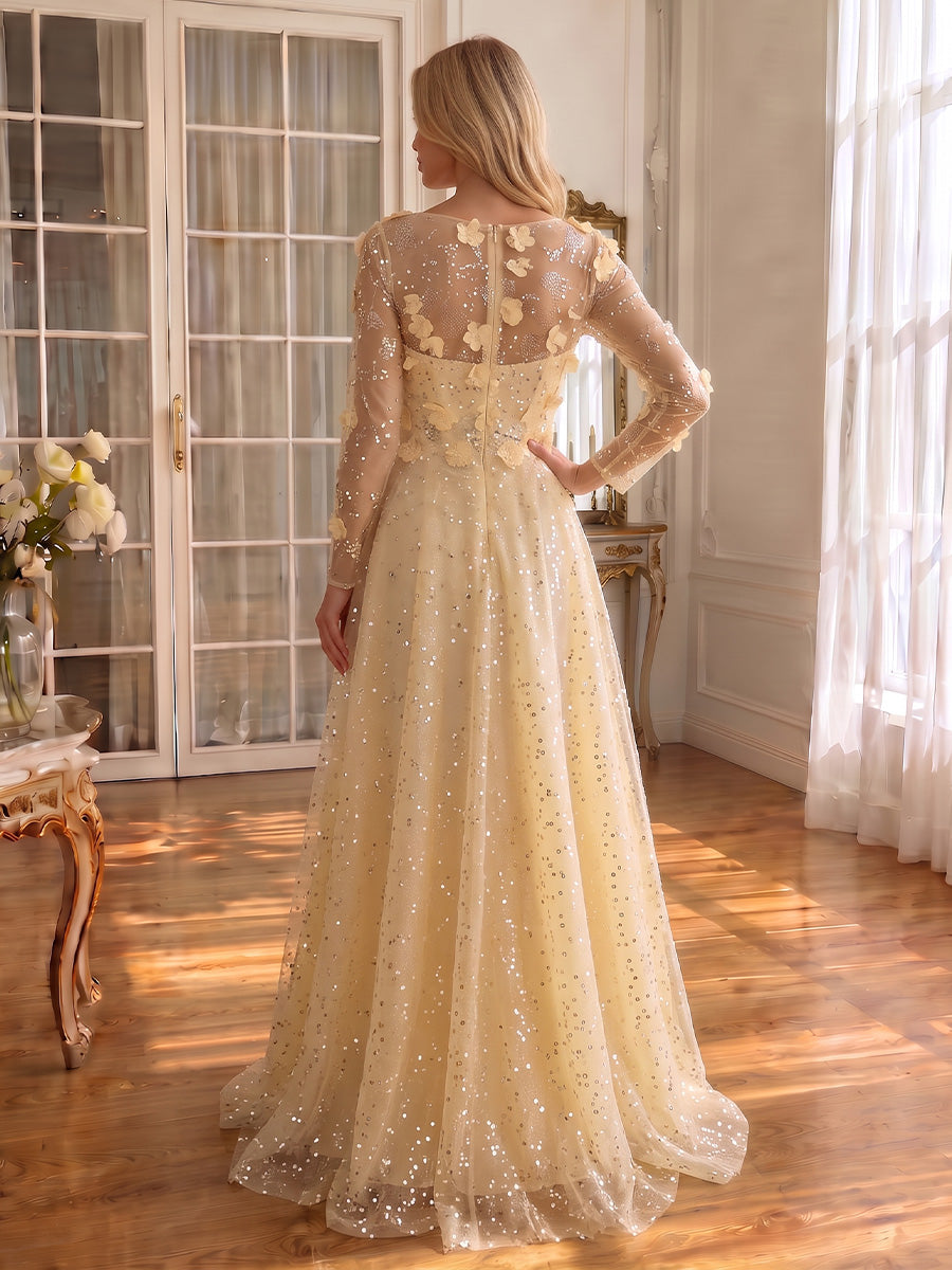 3D Floral Sequin Tulle Prom Dresses Yellow Round Neck Sheer Long Sleeve Floor Length