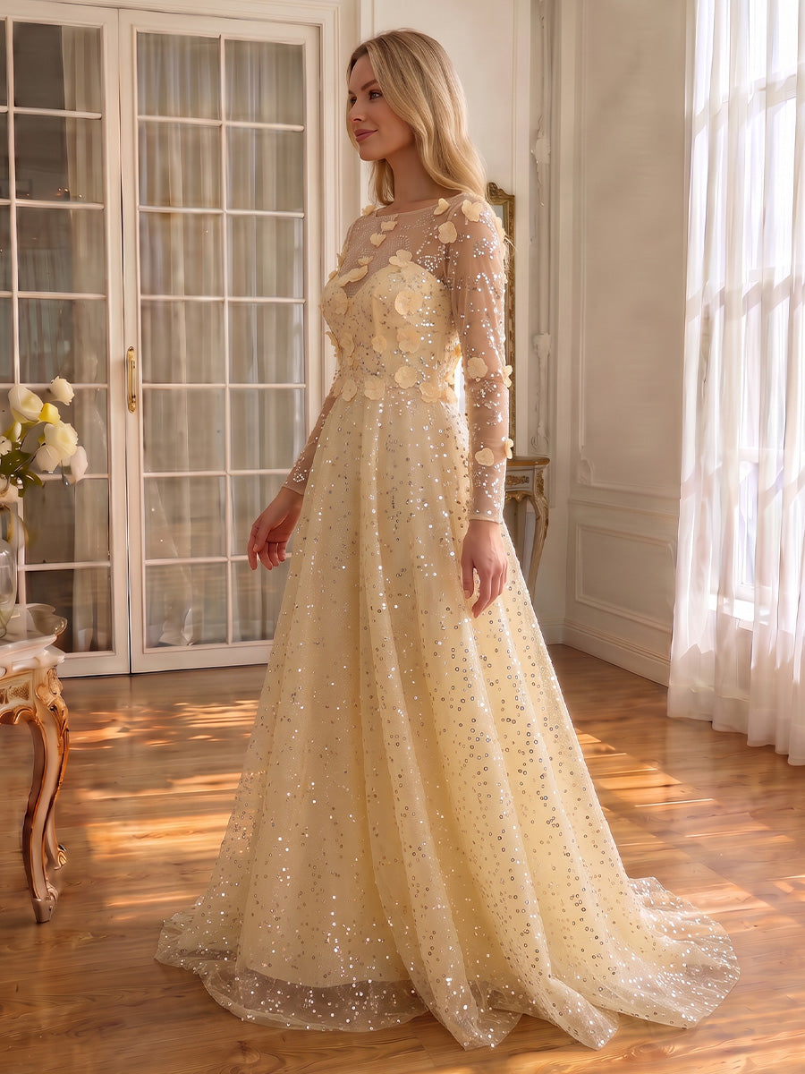 3D Floral Sequin Tulle Prom Dresses Yellow Round Neck Sheer Long Sleeve Floor Length
